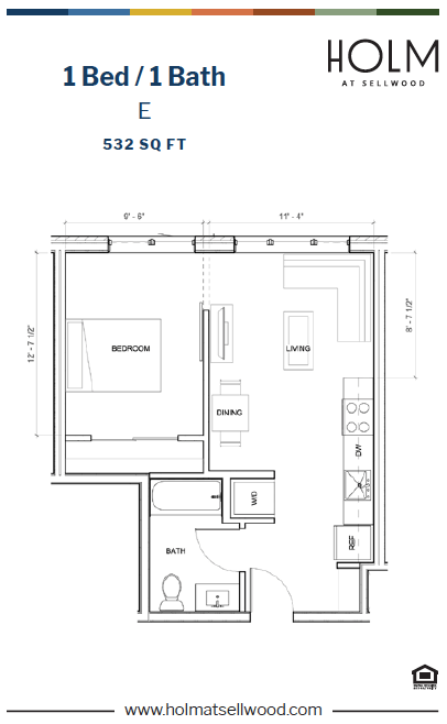 Floor plan for 1 bed, 1 bath, 531 sqft